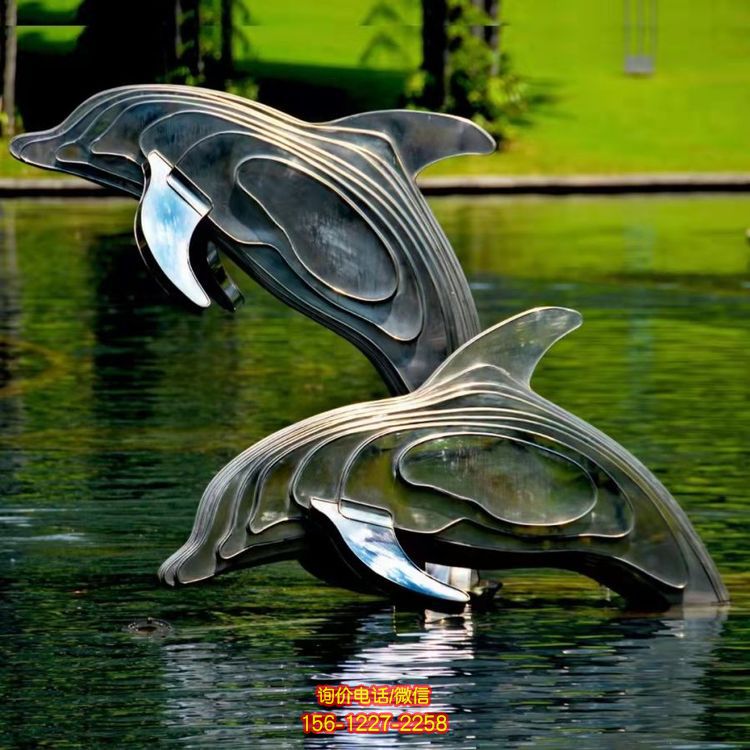 不銹鋼海豚雕塑，池塘水景抽象海豚景觀動物雕塑
